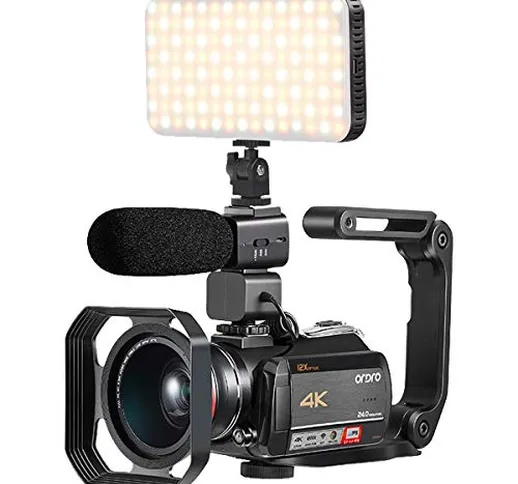 Videocamera 4K, con Zoom Ottico 12X, Collegamento con Smart LED Luce di Riempimento Microf...
