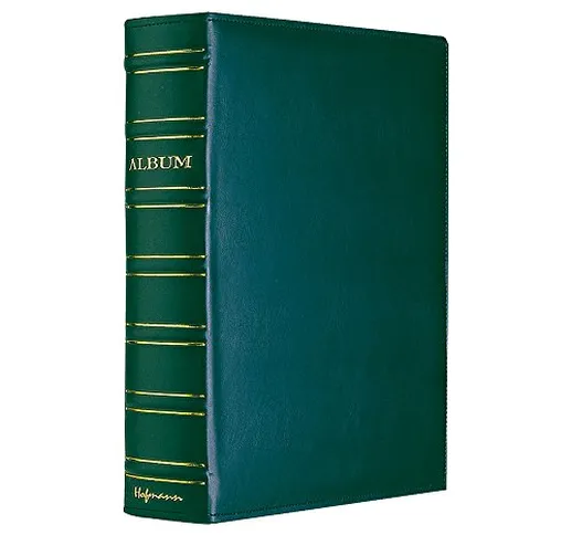 Album portafoto, stile volume da biblioteca, di colore verde, con tasche per inserire le f...