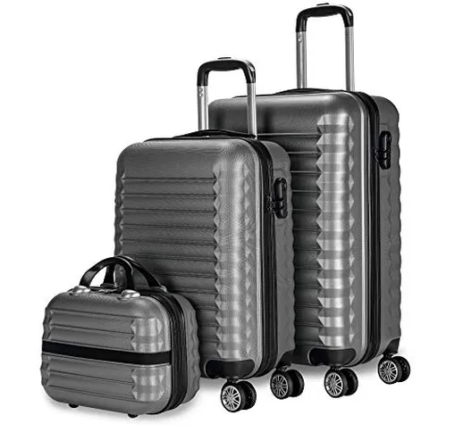 Newtek-Set di 3 valigie e borsa da toilette Grigio (53/63 cm) ABS con 4 ruote doppie e luc...