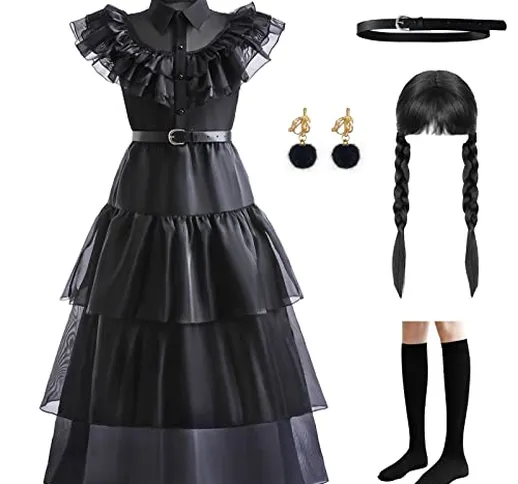 LZH Mercoledì Addams Costume Vestito Bambina Cosplay Addams Abiti Family con Parrucca Cint...