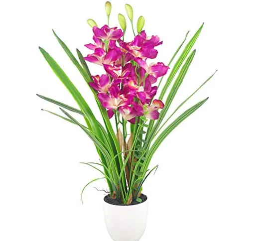 Leaf - Orchidea artificiale Cymbidium grande, 75 cm, in vaso bianco, materiali misti, rosa...
