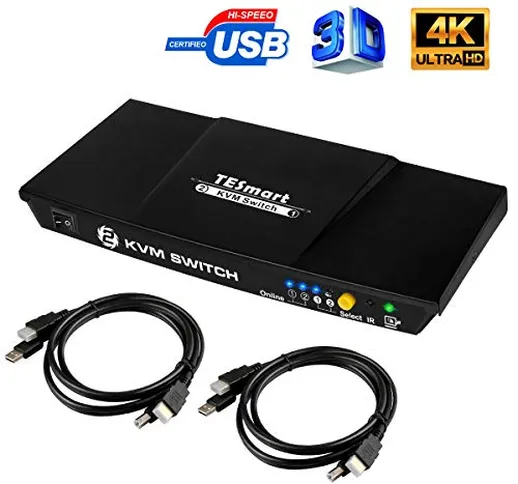 TESmart KVM Switch HDMI USB Commutatore a 2 Porte + 2 Cavi HDMI USB, 2 in 1, con Hub USB 2...