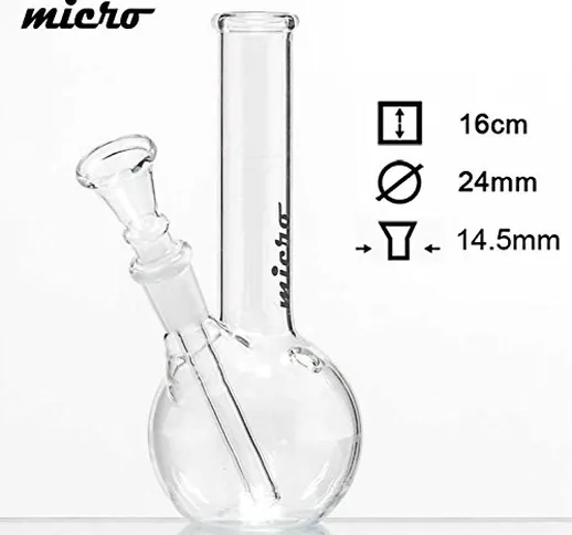 Micro, bong in vetro, alto 16 cm, diametro di 24 mm, bocchino di 14,5 mm