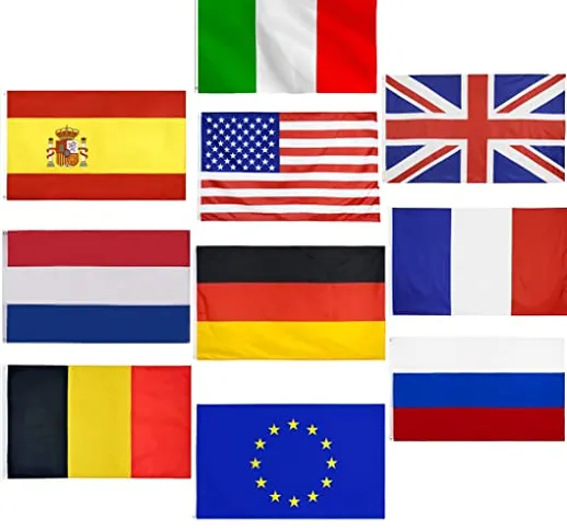 Set di 10 bandiere nazionali 90x150 cm UE, Italia, Francia, Spagna, Germania, Gran Bretagn...