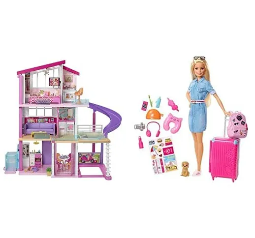 Barbie - Casa Dei Sogni Per Bambole, Con Ascensore Per Disabili, 3 Piani & In Viaggio, Bam...