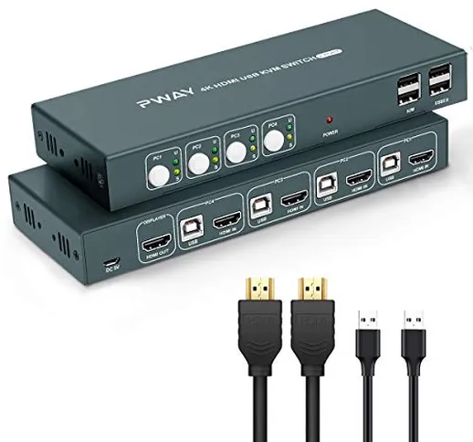 Great-HT HDMI KVM Switch USB 4 Porte 4K, USB2.0, 4K @30Hz, KVM Switch 4 PC 1 Monitor, YUV...