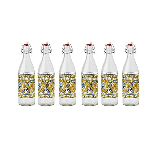 Set di 6 Bottiglie Acqua di Vetro da tavola decorata con tappo ermetico Sicilia MADE IN IT...