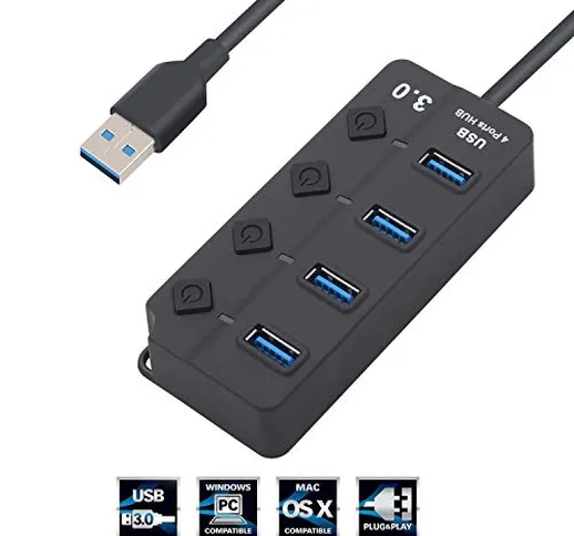 Tech Stor3 USB 3.0 4 Porte HUB Super Speed con Cavo Integrato 30 cm con Alimentatore Compa...