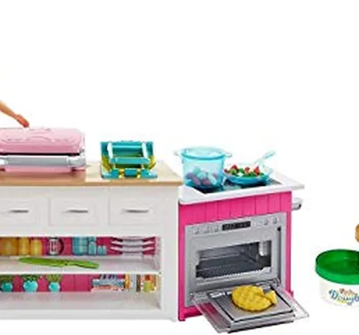 Barbie FRH73 Cucina da Sogno con Bambola, 5 Aree di Gioco, Pasta Modellabile, Luci e Suoni...