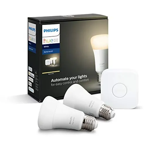 Philips Lighting Hue White Starter Kit con 2 Lampadine Attacco E27, con Bluetooth, Luce Bi...