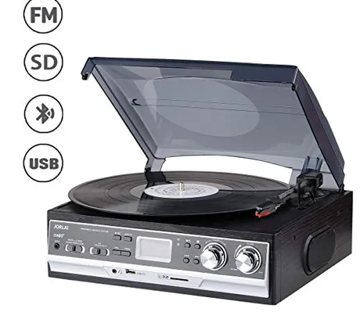 Giradischi JORLAI 33/45/78 con display LCD Radio FM AM Lettore vinile con registrazione US...