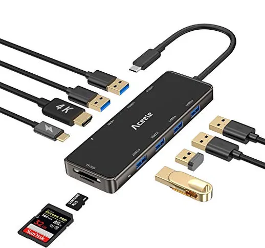 Aceele 10 in 1 Hub USB C Con 6 Porte USB 3.0, HDMI 4K,Porta Tipo C PD, Lettori di schede S...