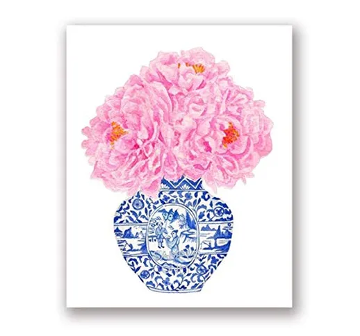 MULMF Vaso in Porcellana Bianco Blu | Poster su Tela da Parete, Stampa Cinese Rosa Peonia,...
