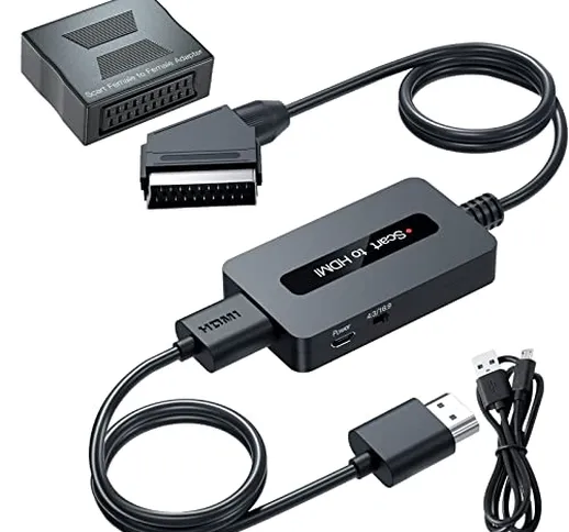 Convertitore Scart a HDMI con Adattatore Scart Femmina a Femmina + Cavi Scart e HDMI, Supp...