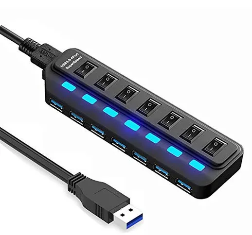 NIAGUOJI - Hub USB 3.0 a 7 porte con interruttori di alimentazione a LED individuali, adat...