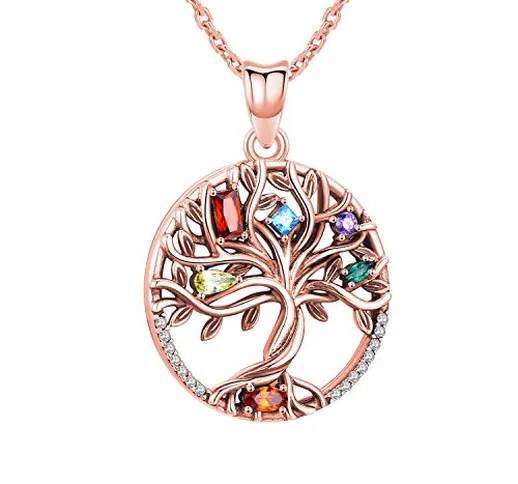 Collana albero della vita, ciondolo in argento sterling S925 placcato oro rosa/oro, gioiel...