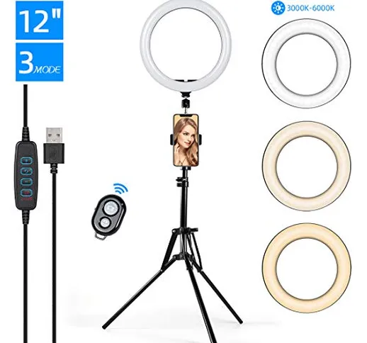 KinCam 30cm/12inch Ring Light con Treppiede e Supporto telefono, Dimmerabile LED Luce ad A...