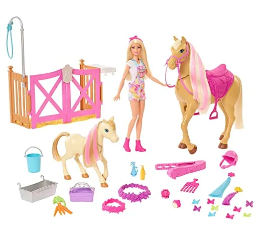 Barbie- Playset Il Ranch con Bambola Bionda, 2 Cavalli e oltre 20 Accessori, Giocattolo pe...