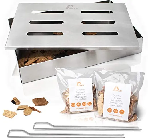 AMAZY Affumicatore Box in Acciaio Inox con 2 spiedini per Grill e 2 Tipi di Chips Diverse...