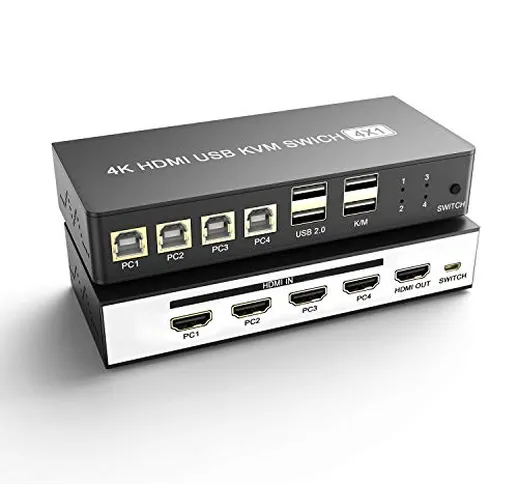 KVM Switch HDMI USB 4 Porte 4K@ 60Hz, Hotkey KVM Switch 4 PC 1 Monitor Commutatore KVM HDM...