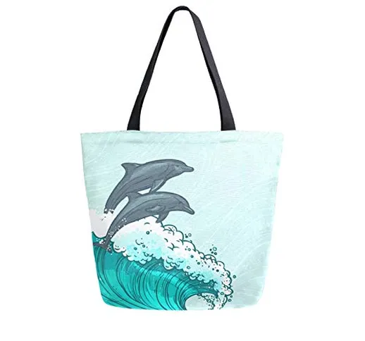 Borsa in tela con delfini che saltano sulle onde del mare, lavabile, riutilizzabile, per g...