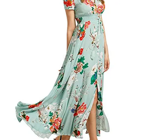 KUONUO Vestito da Donna Abbottonare Diviso Maxi Boho Boemo Stampa Floreale Abito Lungo da...