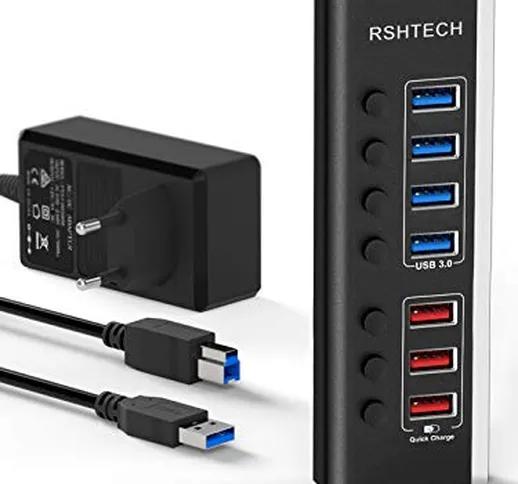 RSHTECH - Hub USB in alluminio attivo 3.0 con 36 W (12 V/3 A), alimentatore di rete a 7 po...