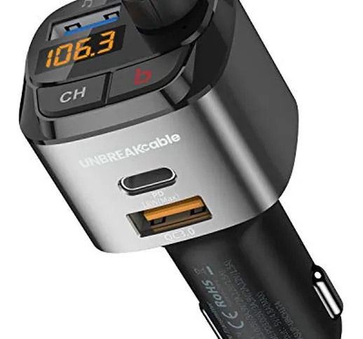 UNBREAKcable Trasmettitore FM Bluetooth V5.0- Wireless Trasmettitore Bluetooth per Auto Ra...