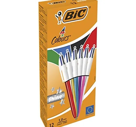 BIC 4 Colori Shine Penne A Sfera Con Punta Media (1.0 mm), Fusti Metallici Assortiti, Conf...