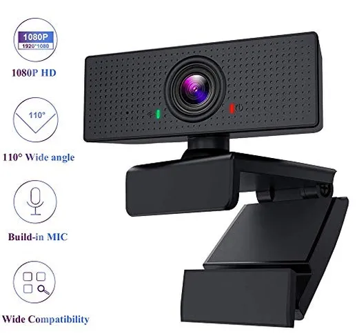 Webcam, HD 1080P 360 & DEG; Videocamera Rotante per Computer con Microfono Bulid-in, 110 &...