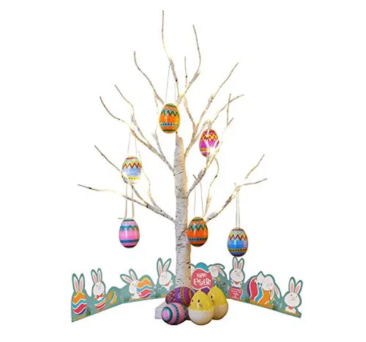 EAMBRITE Albero di Pasqua bianco con uova colorate, albero di ramoscelli a batteria con lu...