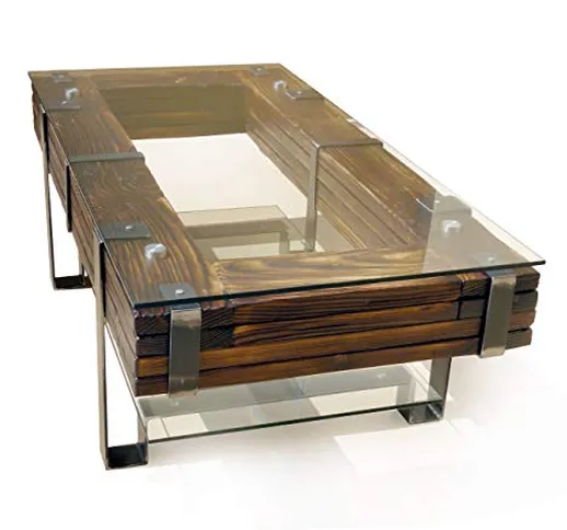 CHYRKA® Tavolino da salotto Loft Vintage Bar IndustrieDesign Legno metallo vetro lavorato...