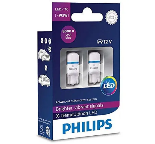 Philips 127998000KX2 X-treme Vision LED T10 8000K CeraLight, Diffusione Uniforme della Luc...