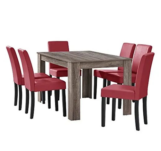 [en.casa] Tavolo da Pranzo Antico con 6 sedie Rosso Scuro Similpelle Imbottite 140x90 Sala...