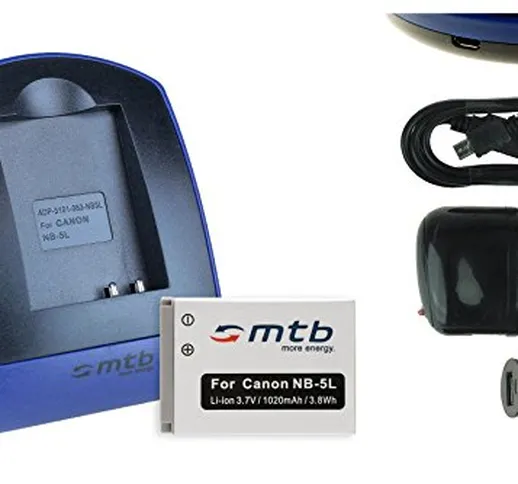 Batteria + Caricabatteria (USB/Auto/Corrente) per Canon NB-5L / Ixus 90 IS, 800 IS, SD990...