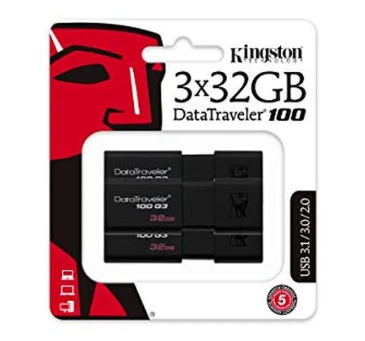 Kingston DataTraveler 100 G3-DT100G3/32GB-3P, USB 3.0, PenDrive, 32 GB, 3 Pezzi, Nero