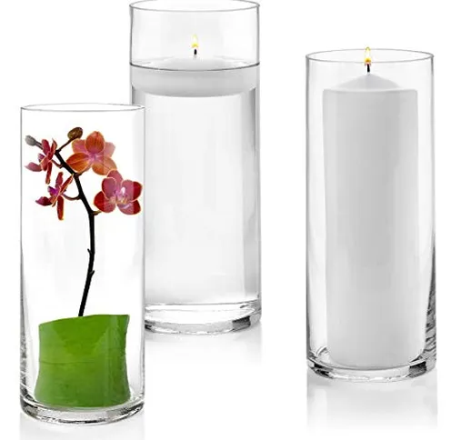Set di 3 vasi cilindrici in vetro da 25,4 cm di altezza – Multiuso: candela a colonna, por...