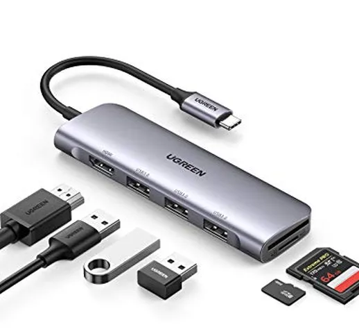 UGREEN Hub USB C 6 in 1 HDMI 4K, Adattatore USB C a 3 Porte USB 3.0, Lettore Schede SD/TF...