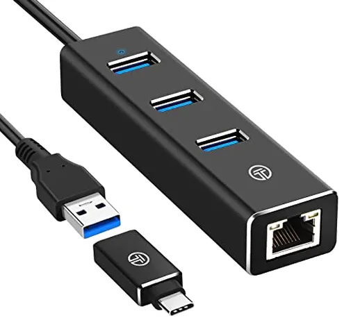 Hub USB 3.0, Alluminio Hub USB C Ethernet 3 Porte 5 Gbps e Adattatore Ethernet LAN 1000 Mb...