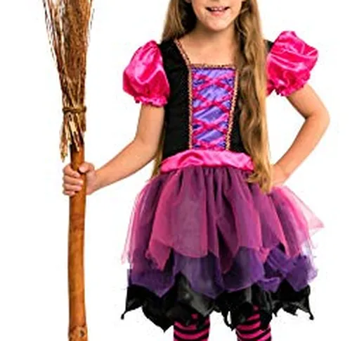 Magicoo costume da bambina per Halloween, strega, fata, vestito e cappello rosa viola nero...