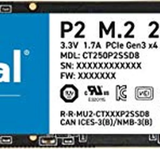 Crucial P2 CT250P2SSD8 SSD Interno, 250 GB, fino a 2400 MB/s, 3D NAND, NVMe, PCIe, M.2