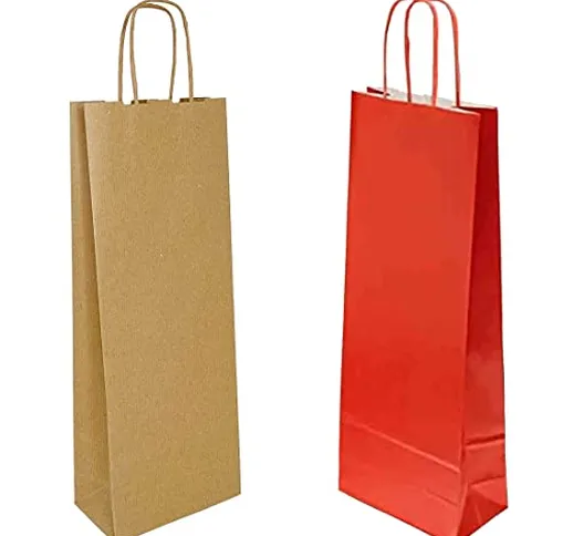 MAQA 25 pz Sacchetti porta bottiglie di vino in carta avana o rosso 14+8.5x39.5 cm, Sacche...