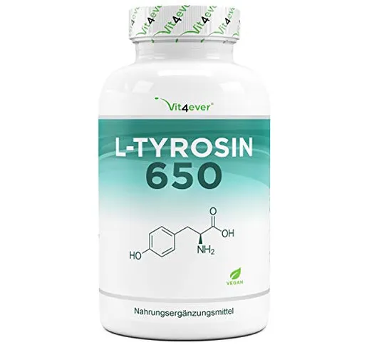 L-Tirosina - 240 capsule vegane - 1300 mg per dose giornaliera - 4 mesi di fornitura - Ami...