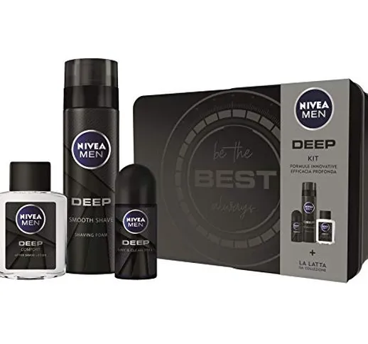 Nivea Men Deep Kit Set Regalo Uomo con Deep Schiuma da Barba 200 ml, Deep Deodorante Roll-...