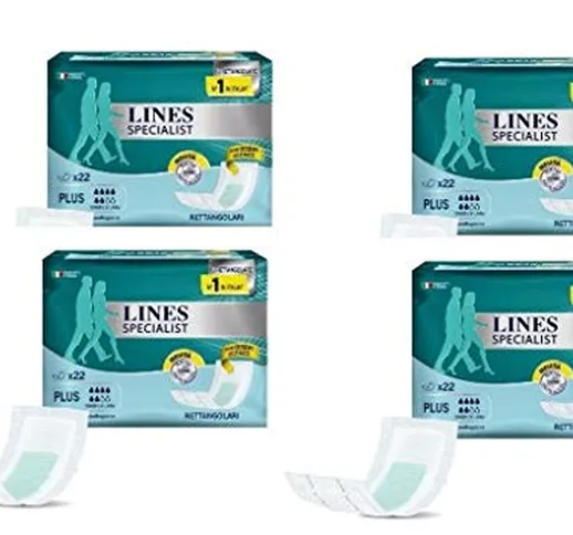 Lines Specialist PLUS rettangolari con ossido di zinco ipoallergenico 4 confezioni da 22 p...