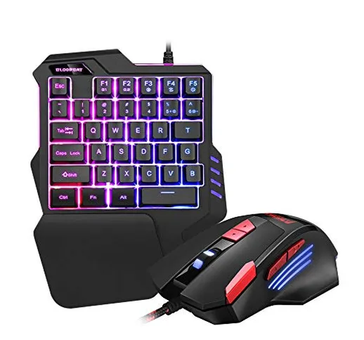 Elikliv RGB One Hand Gaming Keyboard And Backlit Mouse Combo, USB Wired Rainbow Letters Gl...