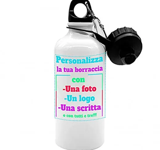 Borraccia in Alluminio Personalizzabile - Capacità 500 ml con Moschettone e Chiusura Ermet...