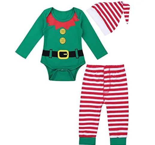 iEFiEL Costume da Elfo di Natale per Neonato Bimbo Baby 3 PCS Pagliaccetto Natalizio + Cap...