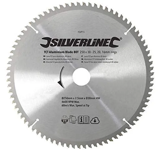 Silverline Tools 456915 - TCT per Disco di Alluminio, 80 Denti (250 x 30 - Anelli 25, 20 e...
