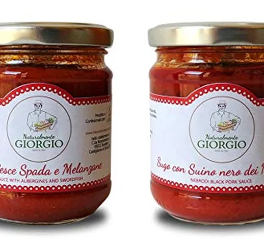 ASSORTIMENTO N. 2 SUGHI: SUGO PESCE SPADA E MELANZANE 180 gr - SUGO AL SUINO NERO DEI NEBR...